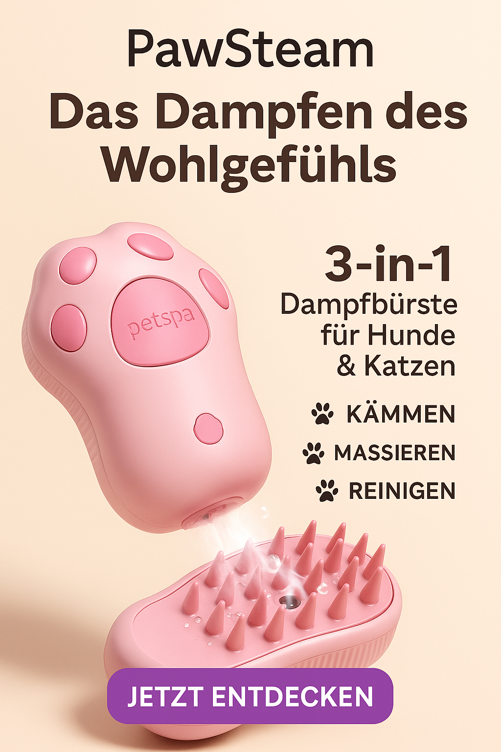 "PawSteam-Sanfter Dampf. Glänzendes Fell. Glückliche Pfoten" Dampfbürste für Hunde & Katzen – 3-in-1 Pflegetool mit Spray, Kamm & Massagefunktion