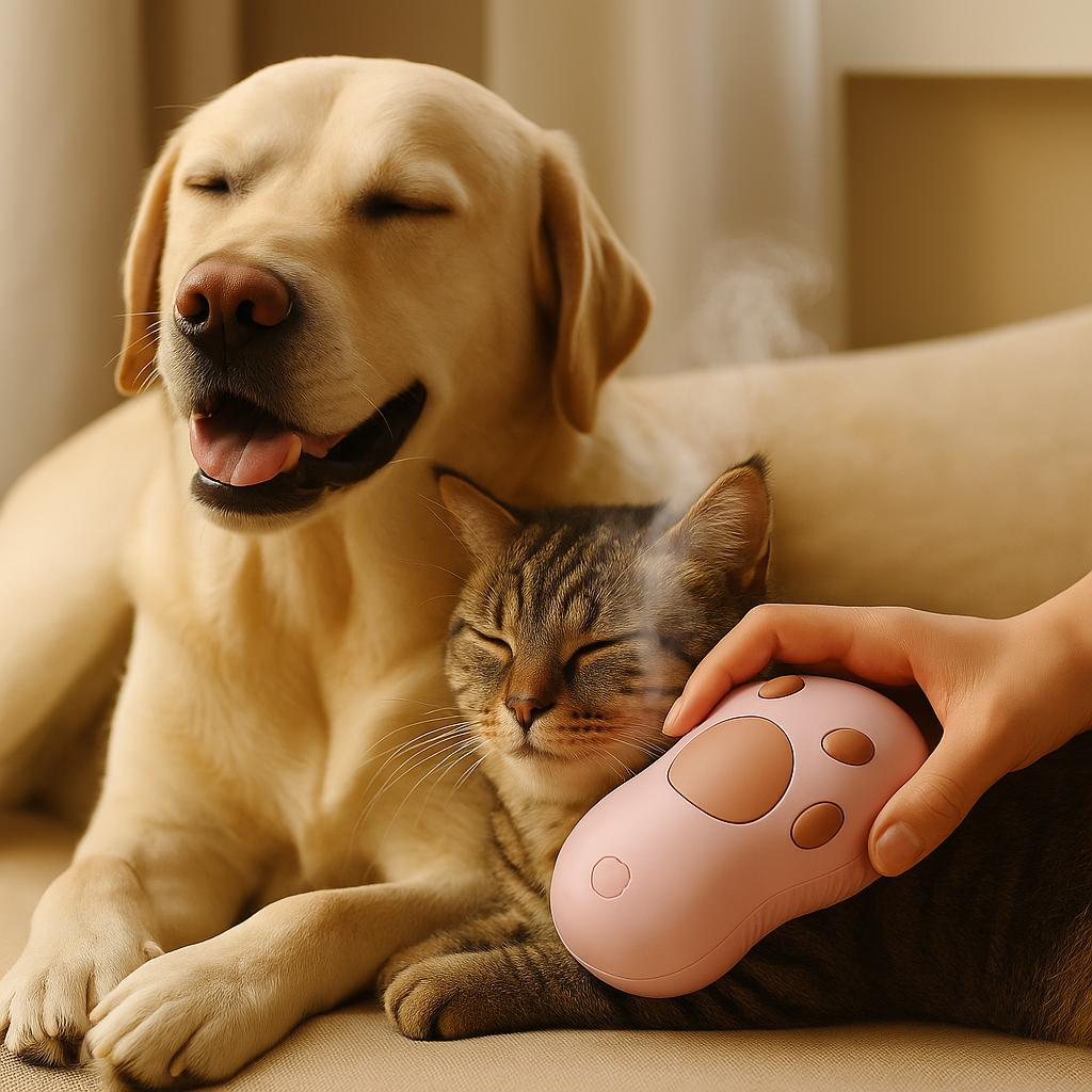 "PawSteam-Sanfter Dampf. Glänzendes Fell. Glückliche Pfoten" Dampfbürste für Hunde & Katzen – 3-in-1 Pflegetool mit Spray, Kamm & Massagefunktion