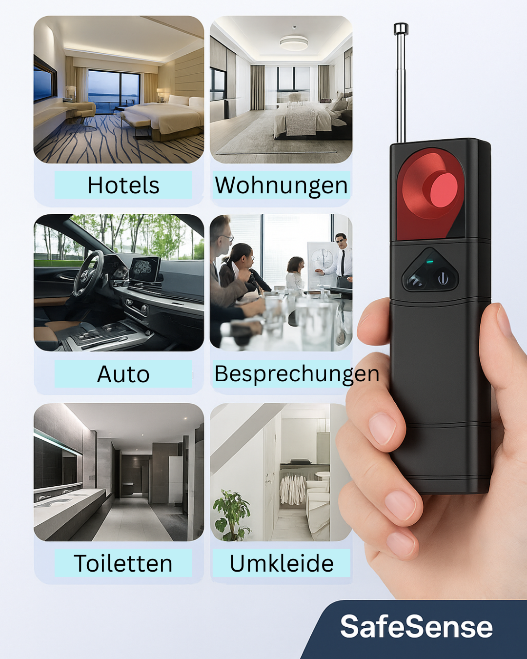 "SafeSense-Dein Schutz vor Spionage und Ortung" professioneller Kamera und GPS-Detektor mit Infrarot und Funksignal Erkennung