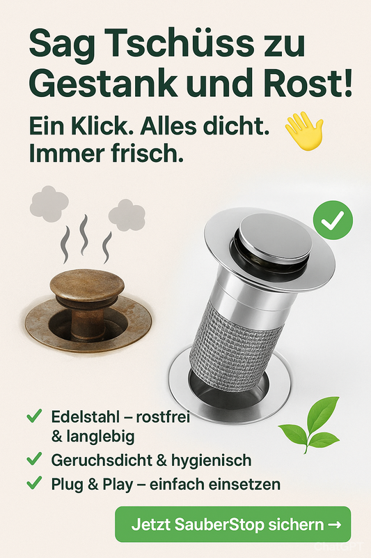 „SauberStop – Schluss mit Gerüchen" Waschbecken-Ablaufstopfen aus Edelstahl
