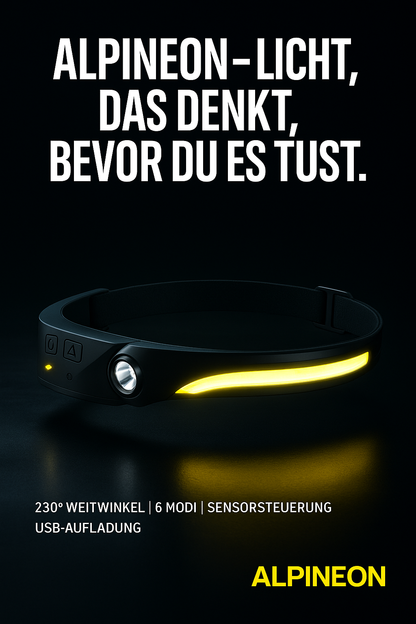 "ALPINEON-Mehr als Licht – ein Statement"  LED-Sensor-Stirnlampe mit integriertem Akku
