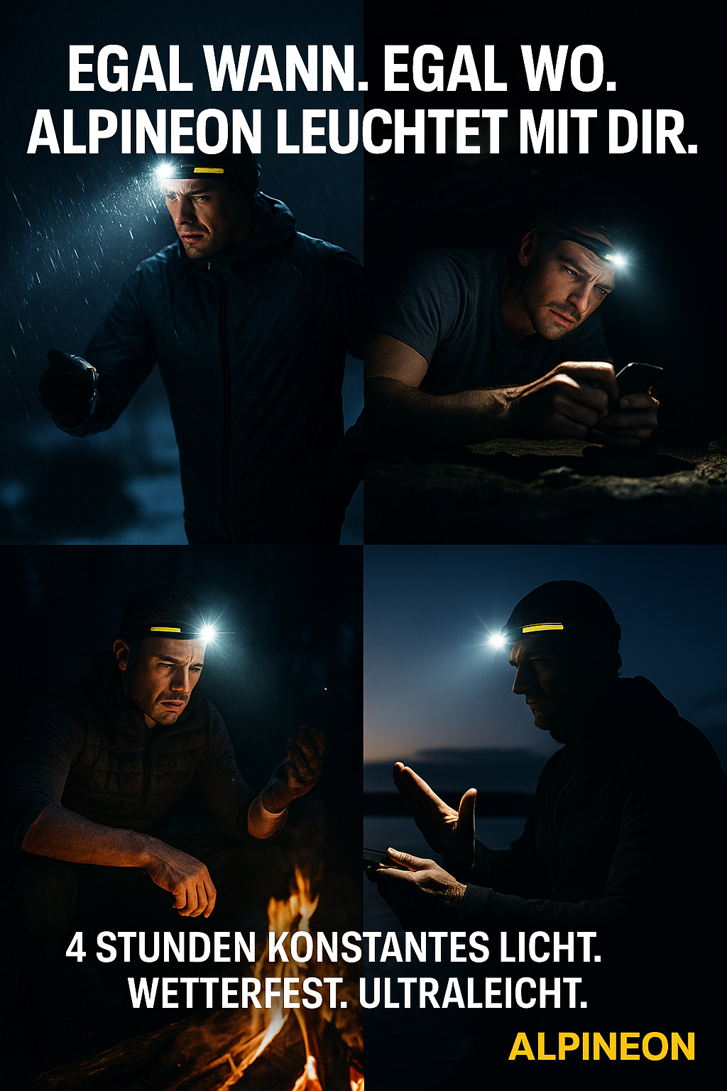 "ALPINEON-Mehr als Licht – ein Statement"  LED-Sensor-Stirnlampe mit integriertem Akku