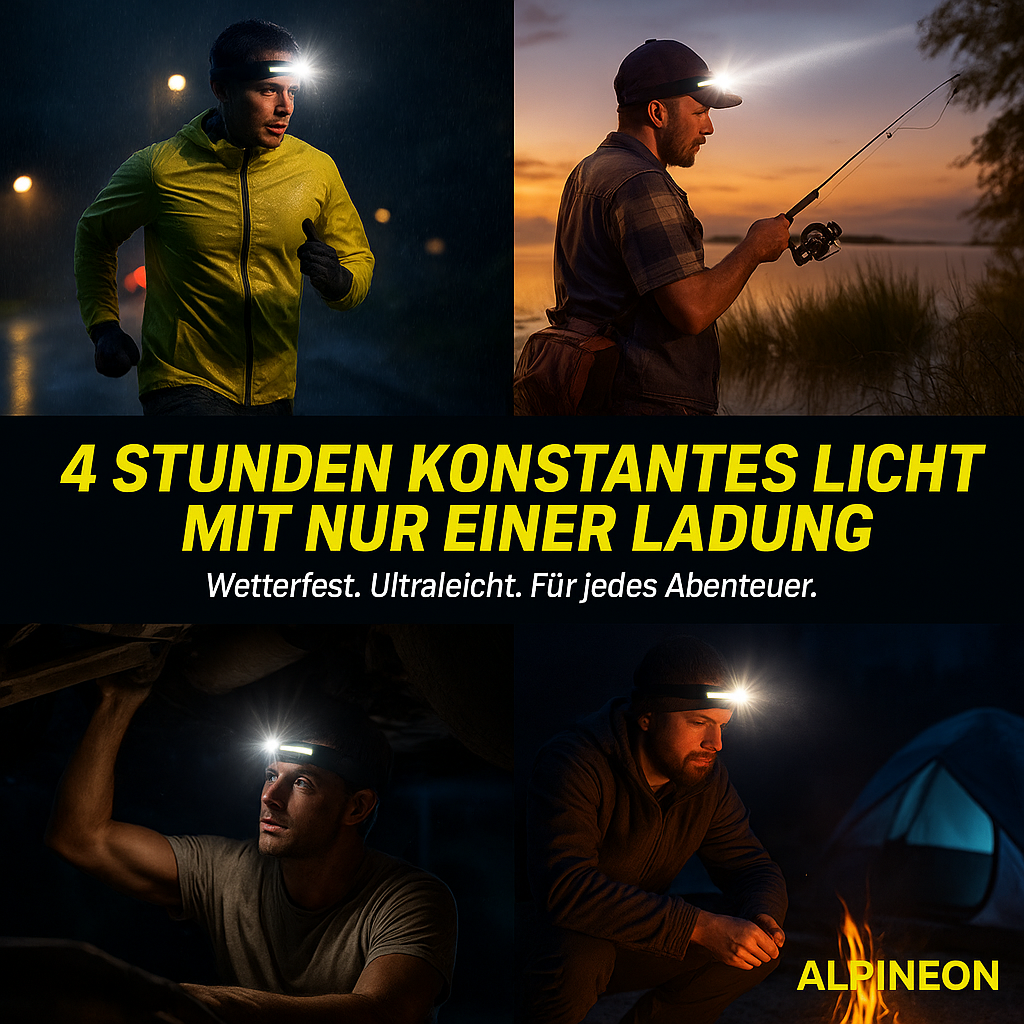 "ALPINEON-Mehr als Licht – ein Statement"  LED-Sensor-Stirnlampe mit integriertem Akku
