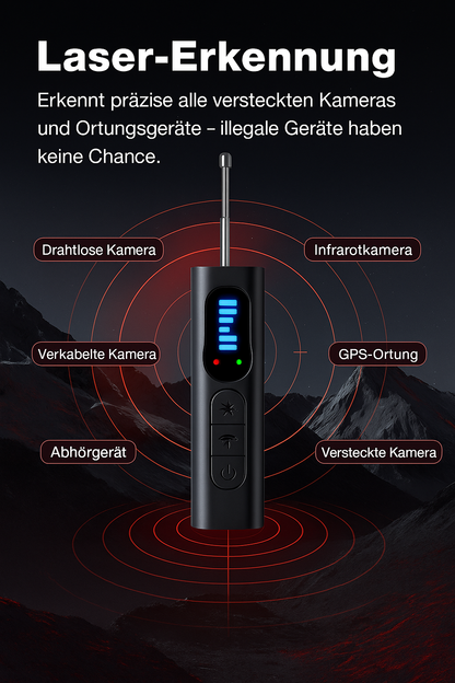 "SafeSense-Dein Schutz vor Spionage und Ortung" professioneller Kamera und GPS-Detektor mit Infrarot und Funksignal Erkennung