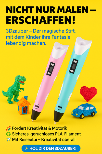 "3Dzauber – wo Ideen Form annehmen" 3D-Stift für Kinder mit PLA-Filamenten & Reiseetui
