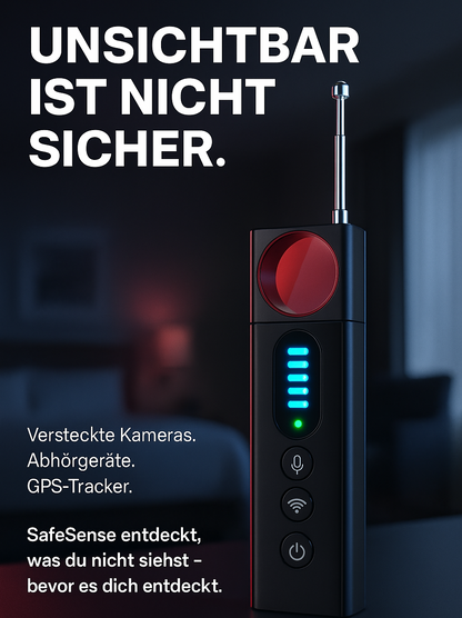 "SafeSense-Dein Schutz vor Spionage und Ortung" professioneller Kamera und GPS-Detektor mit Infrarot und Funksignal Erkennung