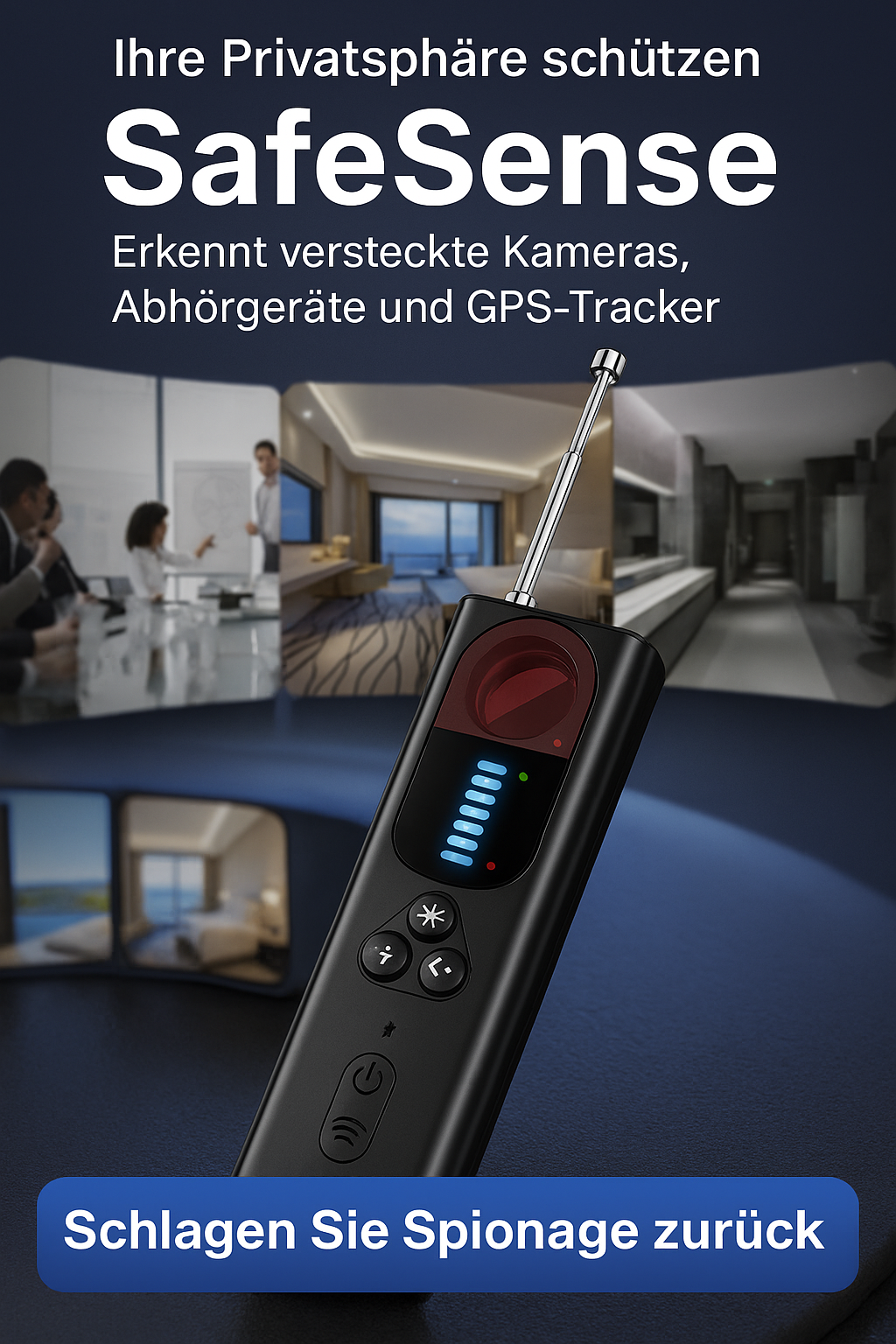 "SafeSense-Dein Schutz vor Spionage und Ortung" professioneller Kamera und GPS-Detektor mit Infrarot und Funksignal Erkennung