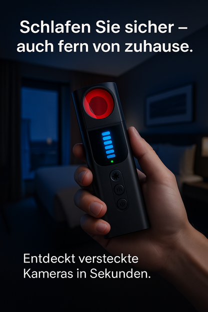 "SafeSense-Dein Schutz vor Spionage und Ortung" professioneller Kamera und GPS-Detektor mit Infrarot und Funksignal Erkennung