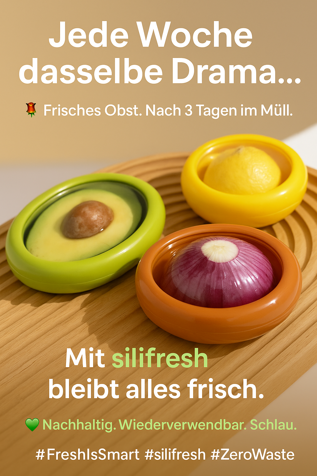 "Silifresh-Weniger Müll. Mehr Frische." Wiederverwendbarer Aufbewahrungsbehälter für Obst und Gemüse
