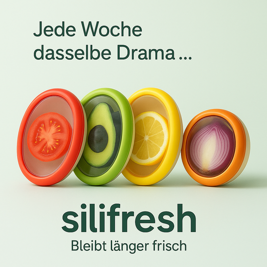 "Silifresh-Weniger Müll. Mehr Frische." Wiederverwendbarer Aufbewahrungsbehälter für Obst und Gemüse