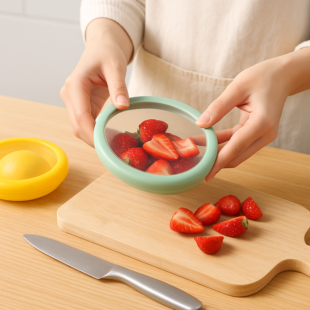 "Silifresh-Weniger Müll. Mehr Frische." Wiederverwendbarer Aufbewahrungsbehälter für Obst und Gemüse