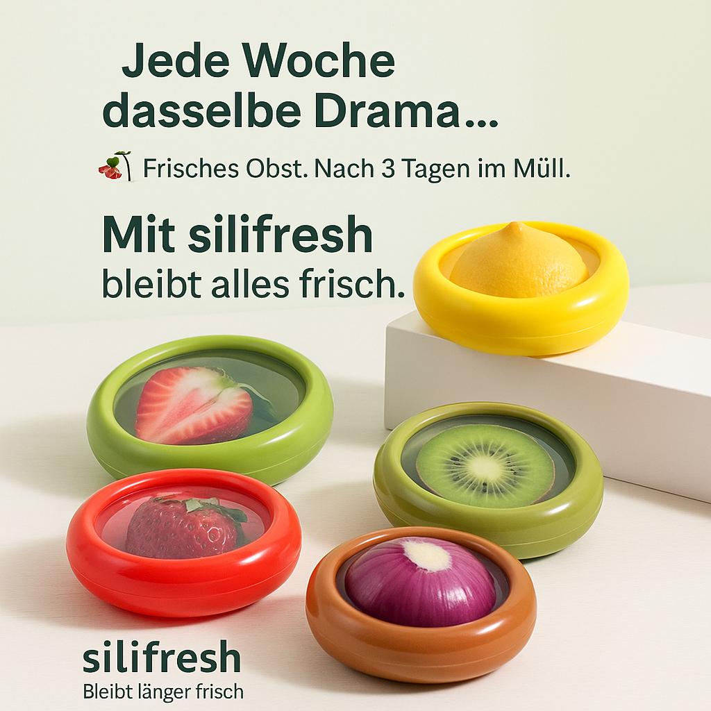 "Silifresh-Weniger Müll. Mehr Frische." Wiederverwendbarer Aufbewahrungsbehälter für Obst und Gemüse