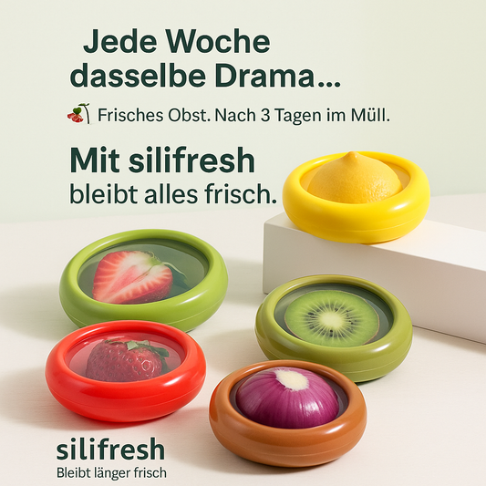 "Silifresh-Weniger Müll. Mehr Frische." Wiederverwendbarer Aufbewahrungsbehälter für Obst und Gemüse