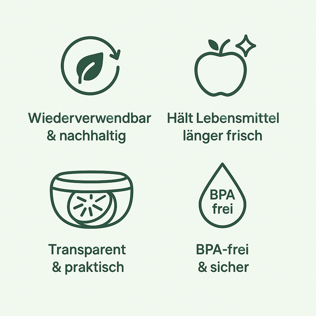 "Silifresh-Weniger Müll. Mehr Frische." Wiederverwendbarer Aufbewahrungsbehälter für Obst und Gemüse