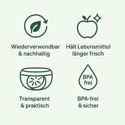 "Silifresh-Weniger Müll. Mehr Frische." Wiederverwendbarer Aufbewahrungsbehälter für Obst und Gemüse