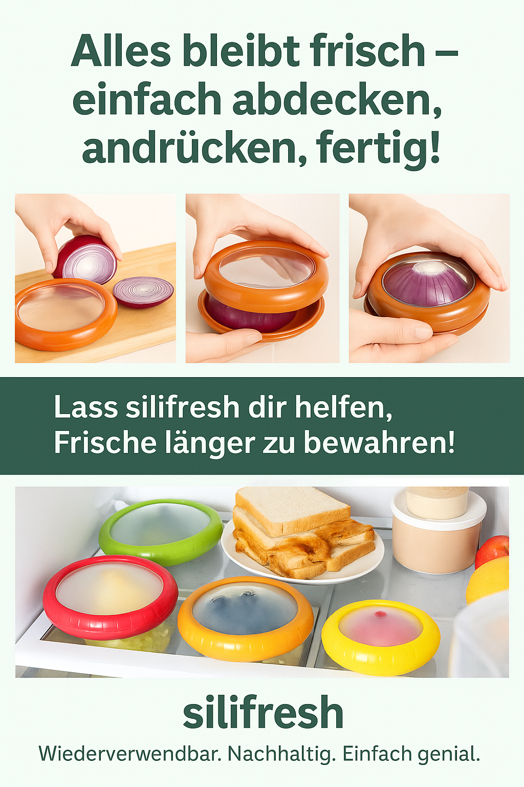 "Silifresh-Weniger Müll. Mehr Frische." Wiederverwendbarer Aufbewahrungsbehälter für Obst und Gemüse