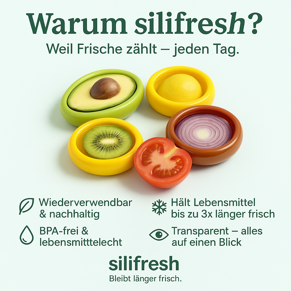 "Silifresh-Weniger Müll. Mehr Frische." Wiederverwendbarer Aufbewahrungsbehälter für Obst und Gemüse