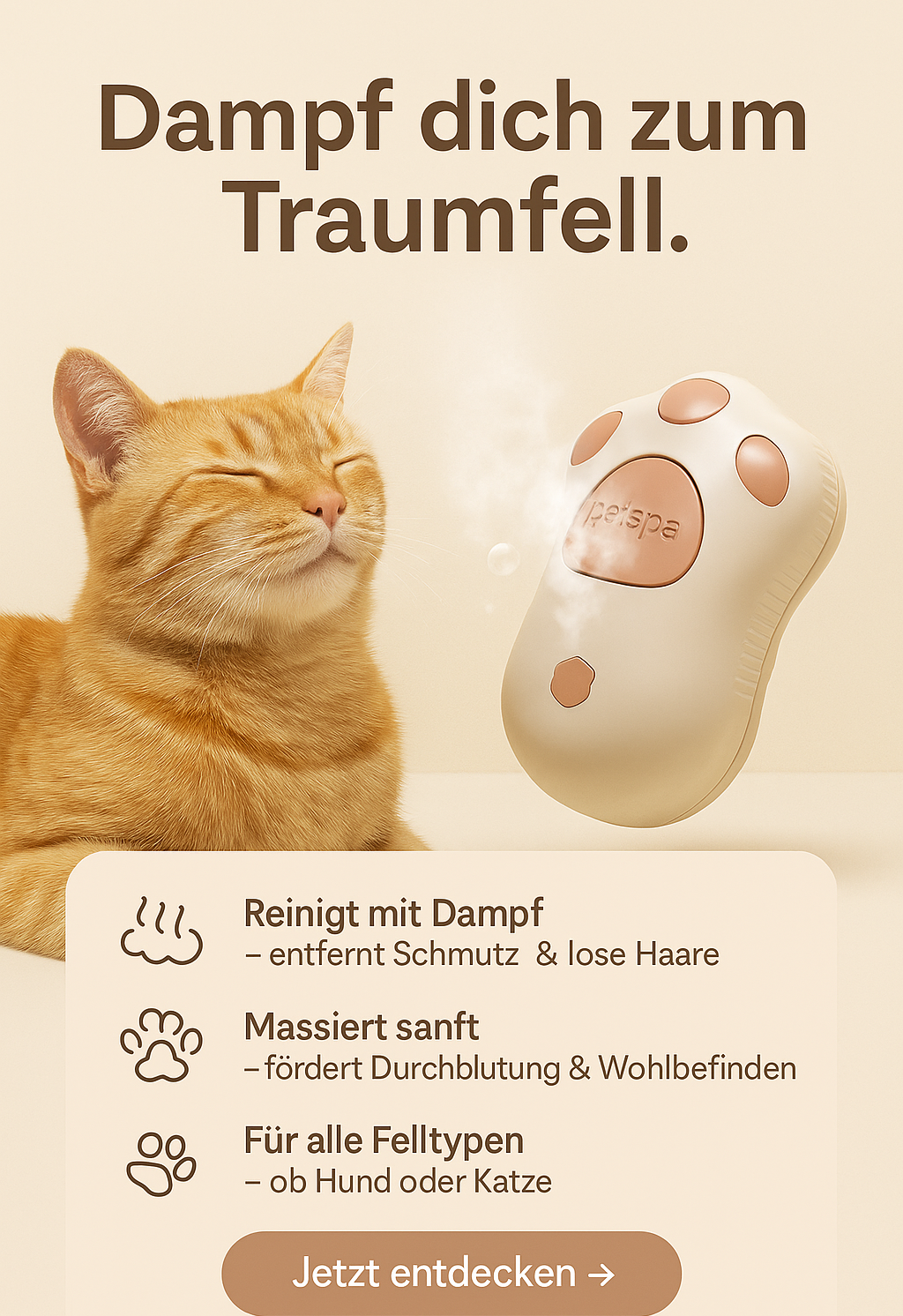"PawSteam-Sanfter Dampf. Glänzendes Fell. Glückliche Pfoten" Dampfbürste für Hunde & Katzen – 3-in-1 Pflegetool mit Spray, Kamm & Massagefunktion
