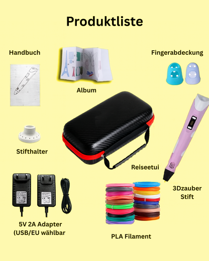 "3Dzauber – wo Ideen Form annehmen" 3D-Stift für Kinder mit PLA-Filamenten & Reiseetui