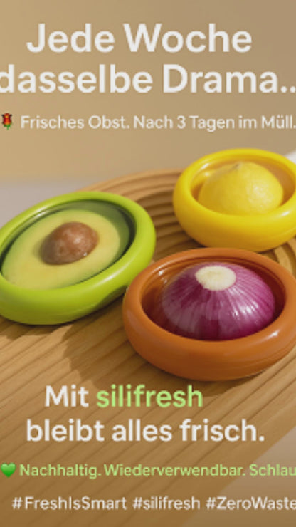 "Silifresh-Weniger Müll. Mehr Frische." Wiederverwendbarer Aufbewahrungsbehälter für Obst und Gemüse